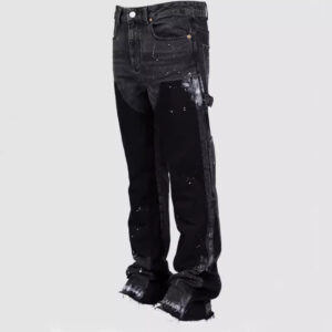 Men's Distressed Denim Overalls - Y2K Streetwear Jumpsuit With Elastic Patches & Flared Leg (Vintage Wash, Black/Blue)​ - ...