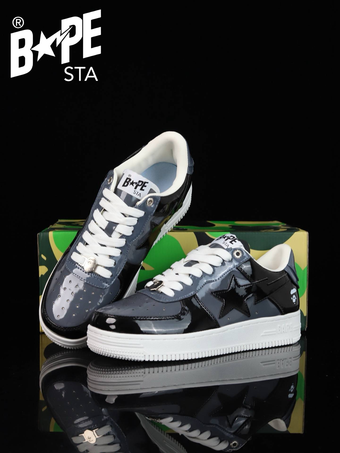 A BATHING-APE Classic Lacquer Leather Splicing Fashion Board Shoes Air Force No.1 Board Shoes Men And Women 22 Color Optio...
