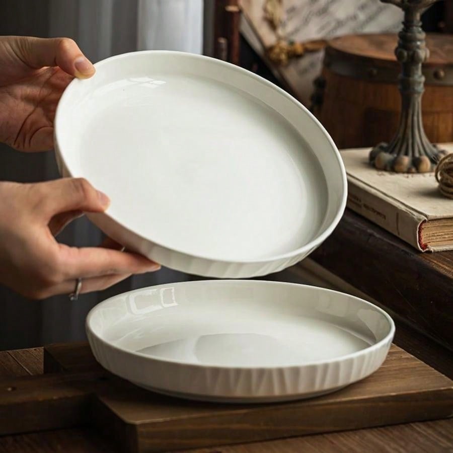 Set Of 4 White Ceramic Plates 8.1 Inch Heavyweight Scandinavian Minimalist Serving Pasta Fruit Dishes Restaurant-Grade Eff...