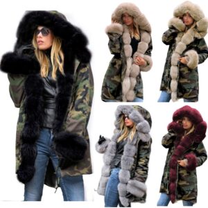 2022 Autumn and Winter New Slim-fit Warm Cotton-padded Coat Women's Camouflage Coat Long Fur Collar Hooded Coat - Damenbe...