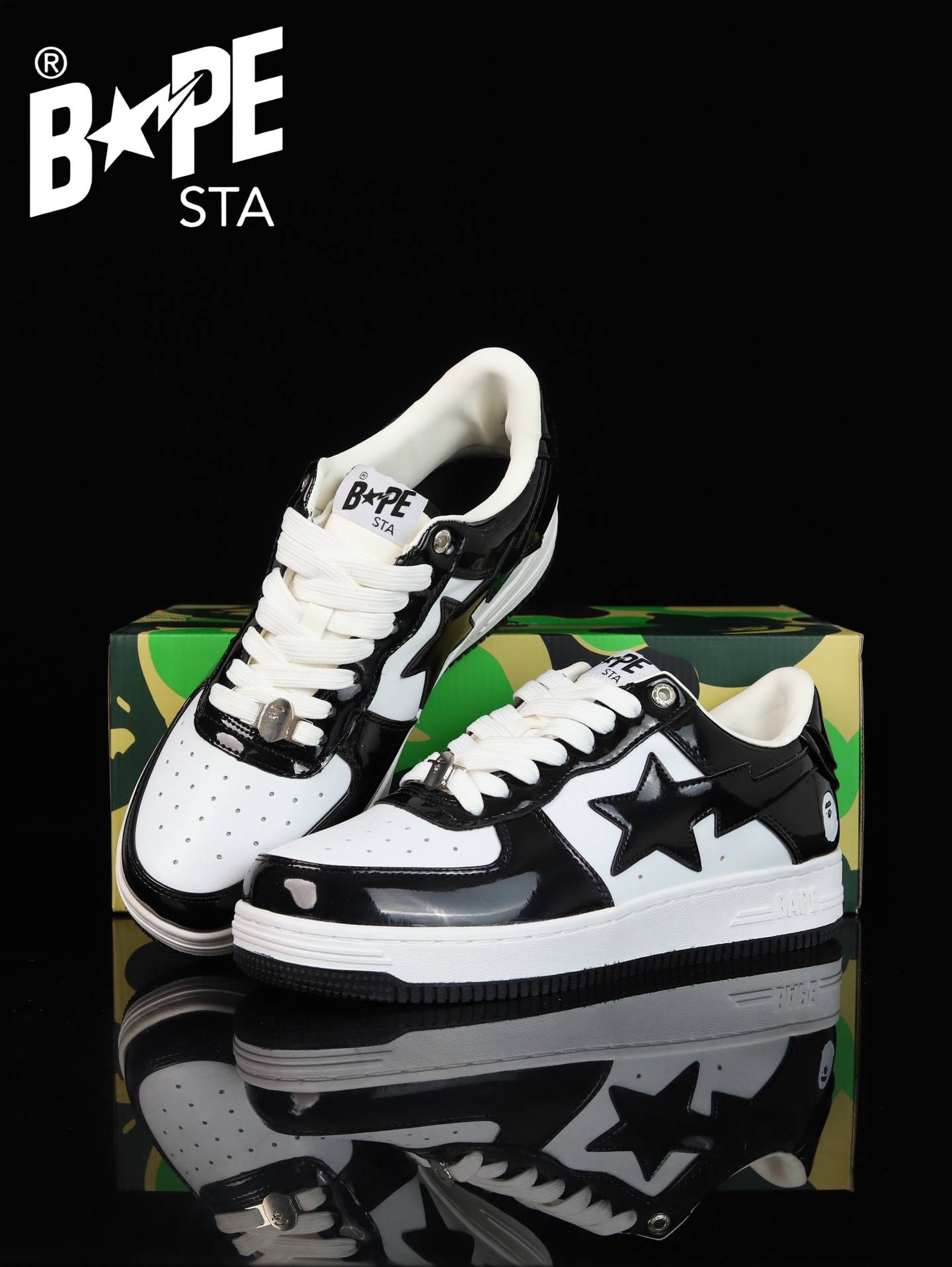 A BATHING-APE Classic Lacquer Leather Splicing Fashion Board Shoes Air Force No.1 Board Shoes Men And Women 22 Color Optio...