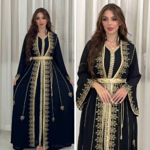 Elegant Muslim Robe For Women - Long Sleeve Two-Piece Set With Webbing Detail | Modest Dress - Damenbekleidung