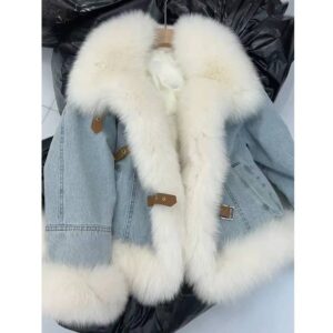 Women's Clothing Design Fur Collar Blue Denim Jacket For Women Velvet Thickened Down Cotton Warm Fur Plush Coat - Damenbek...
