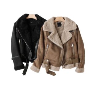 Winter Thick Parka Warm Suede Lamb Fur Wool Jacket Women Shearling Leather Jackets Outwear Short Motorcycle Biker - Damenb...