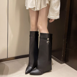 Women's Pointed-Toe Boots Turn-Up Collar Buckle Versatile High-Top Boots 2025 Fall/Winter New - Schuhe | Technik & Gadgets