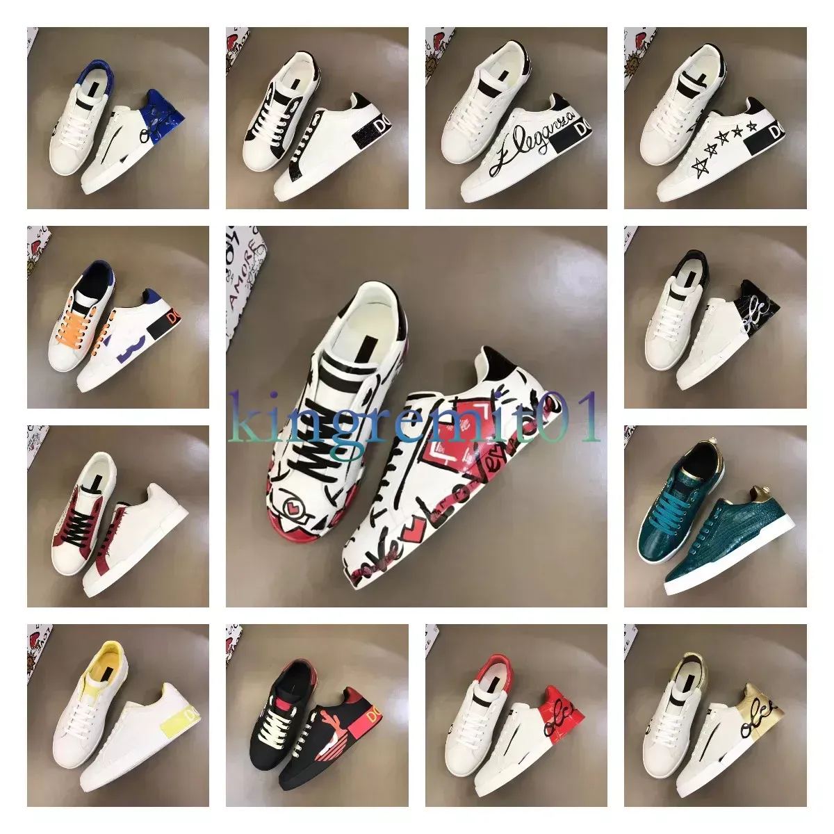 Designer Men Leather Calfskin Rubber Comfortable Outdoor Graffiti Sneakers Casual Walking Skateboarding Shoes Eu38-45 - Sc...