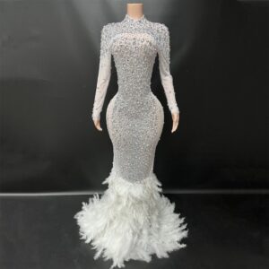 ​Handcrafted Royal Blue Crystal Feather Maxi Dress For Gala, Cocktail Party, Singers & Costume Events​ - Damenbekleidung