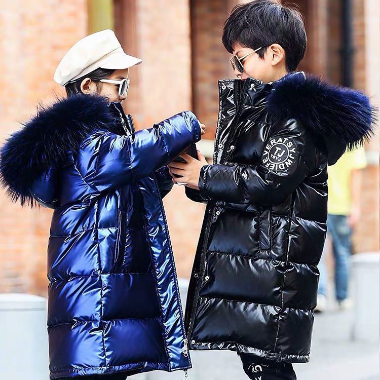 Boys And Girls Winter Padded Jacket Long Down Padded Jacket Children's Padded Jacket Thickened Warm Bright Leather Waterpr...