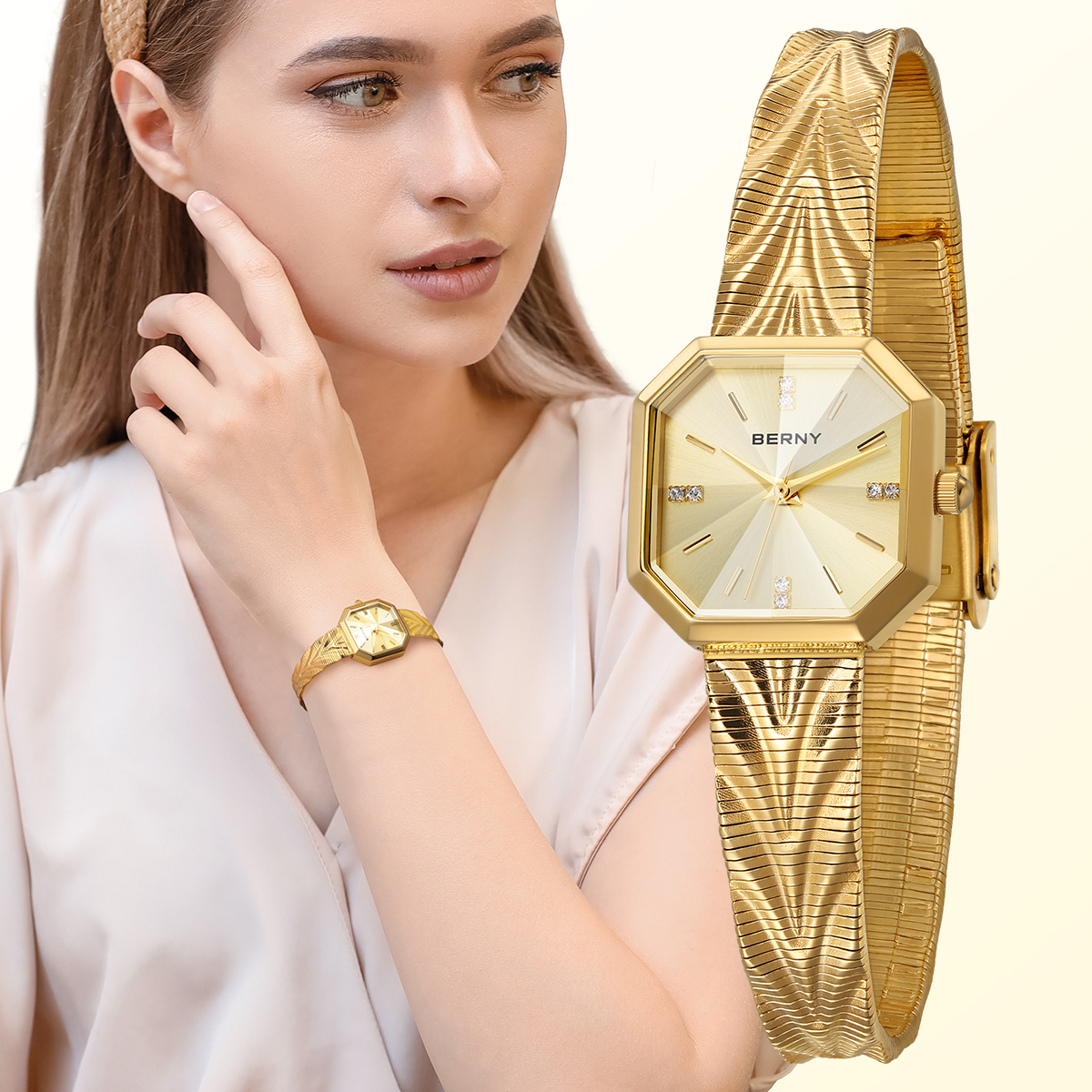 BERNY Gold Watches For Women Dainty Luxury Diamond Ladies Analog Quartz Wrist Watch Stainless Steel Waterproof Fashion Min...