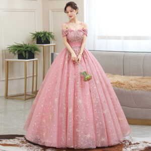 off-the-shoulder student coming-of-age evening dress shiny sequins prom dress pink banquet fluffy princess dress - Damenbe...
