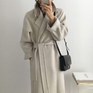 Women's Clothing retro suit collar tie waist loose mid length woolen coat coat - Damenbekleidung | Technik & Gadgets