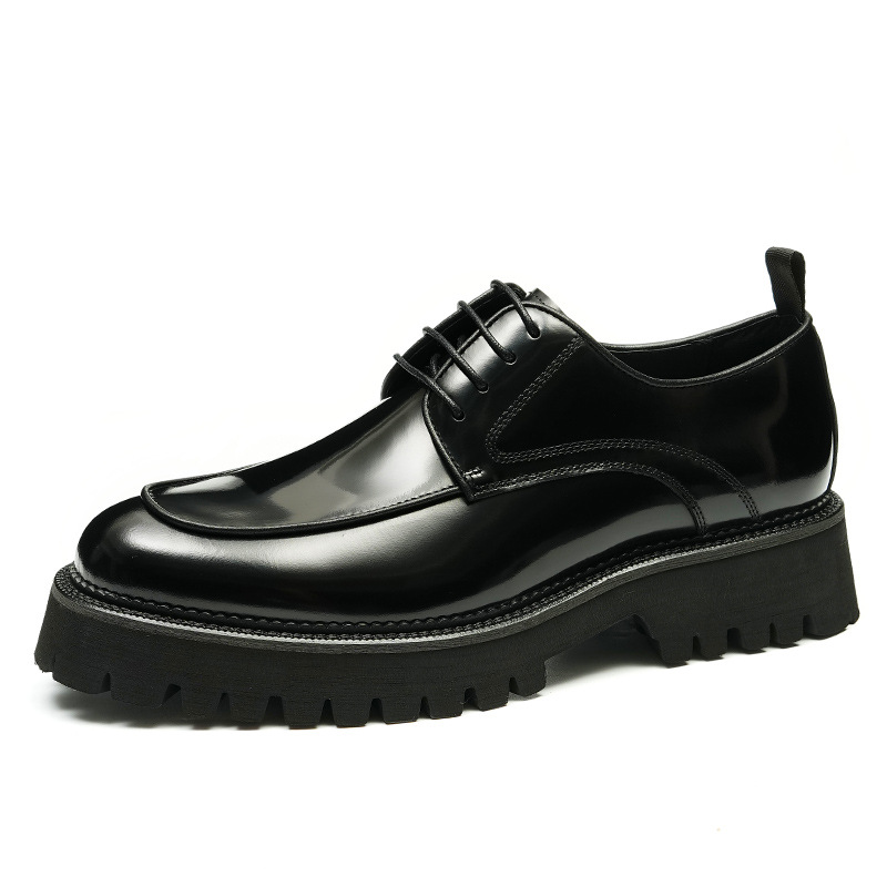 Thick soled bright leather shoes for men leather cowhide square head British business casual Derby increase formal men's s...