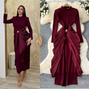 Elegant Semi-High Neck Pleated Long Sleeve Dress For Women - Red Slim Fit A-Line Midi Dress For Sophisticated Style​ - Dam...