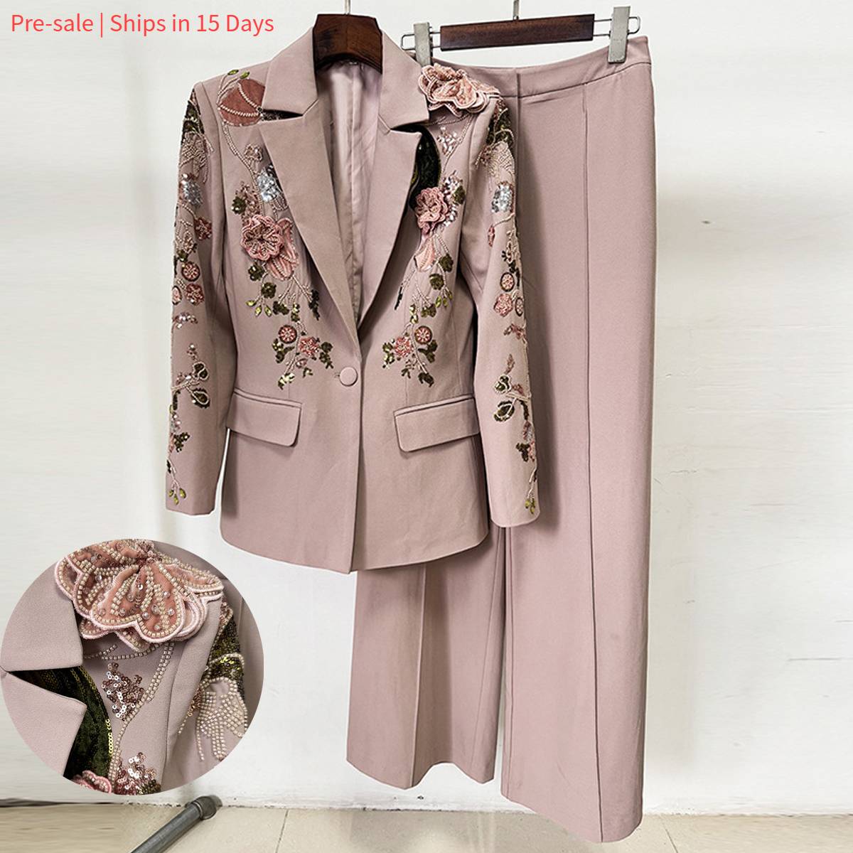 Elegant Embroidered Floral Jacket & Wide-leg Pants Set – Stylish Two-piece Outfit For Women (Pink, S-xxl)Pre-sale | Ships...