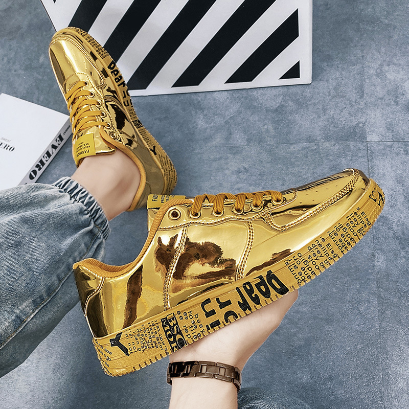 Couple Shoes For Spring And Autumn, Personalized Patent Leather Glossy Local Tycoon Gold Sneakers For Men And Women, Sport...