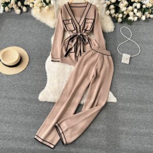 Women's Clothing gentle style contrasting color suit for women long sleeved V neck tie sweater two piece set of drapey wid...