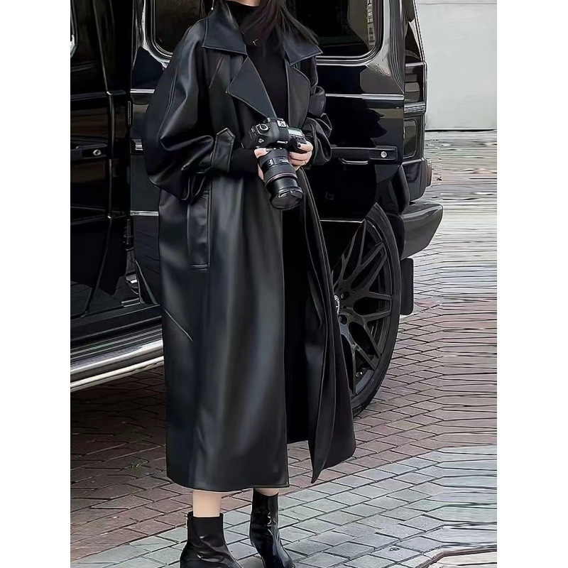 Women's Fashionable temperament long knee-length leather jacket for women new loose soft leather motorcycle jacket high-e...