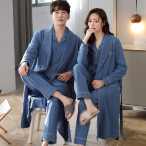 Couple pajamas women's spring and autumn pure cotton long-sleeved autumn men's nightgown large size bathrobe three-piece s...