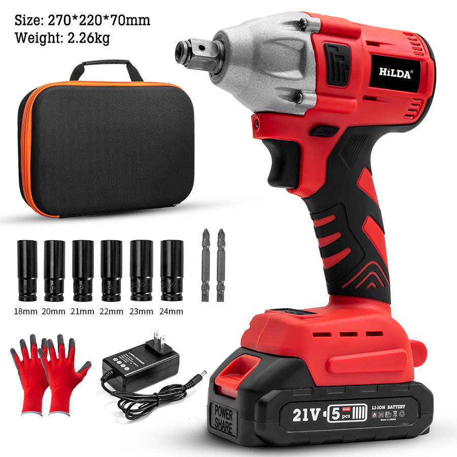 HILDA Cordless Impact Wrench With Lithium Battery, 320Nm Max Torque, 10mm Chuck, 300W Power, 8-Piece Accessory Kit - Power...