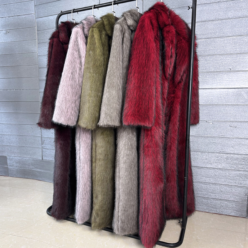 Women's Clothing Women's Faux Fur Long Coat With Lapel Collar - Extra Long Winter Overcoat In Military Green, Red, Burgund...