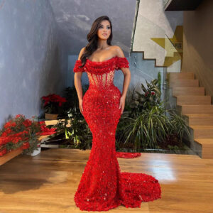 Women's Clothing Fashion New One Shoulder Red High Waist Slim Fit Toast Banquet Party Sequin Evening Dress - Damenbekleidung