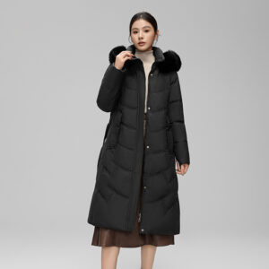 European and American foreign trade down for women, long style, big fur collar, waist cinching, slim fit, white duck - Dam...