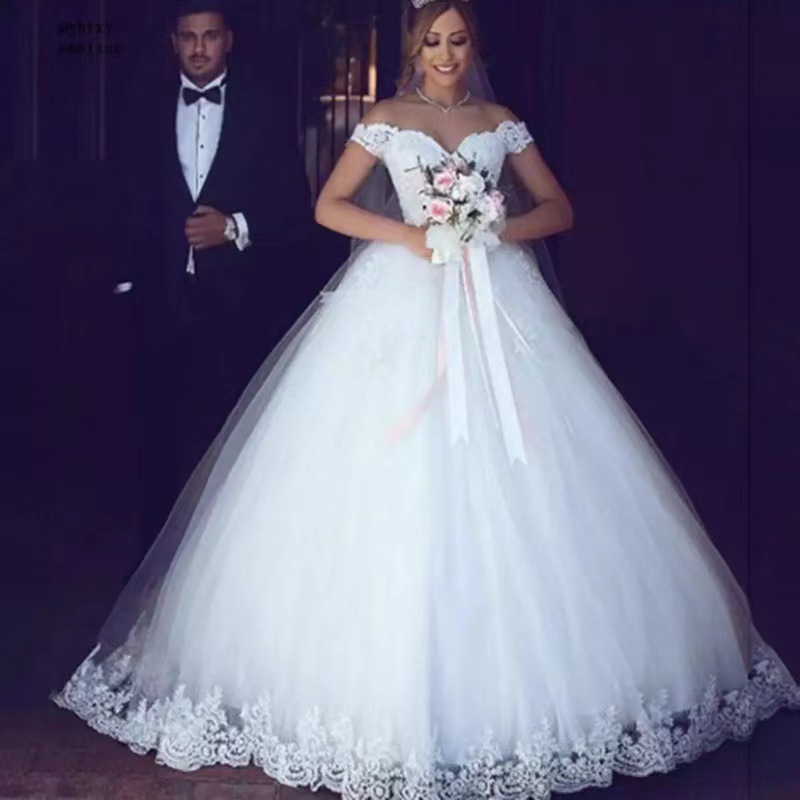 Women's European white wedding dress lace applique prom one-shoulder bridal dress mid-waist strappy wedding dress Bridal W...