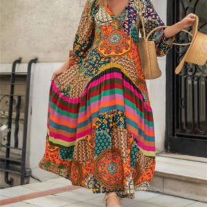 2023 cross-border positioning printed large swing extra long ethnic style dress women's pleated summer new temperament lon...
