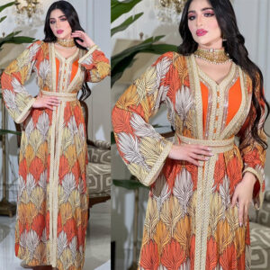 AB315 Long Sleeve Inner Layer Ribbon And Rhinestone Print Fashion Muslim Robe Jalabiya Set With Inlaid Diamonds - Damenbek...