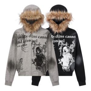 Men's Clothing Street Fur Collar Hoodie Wasteland Style Dirty Dyed Washed Cardigan Zipper Sweatshirt - Herrenbekleidung