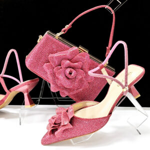 Women’s Shoes Pointed toe ladies shoe bag set Cross ankle diamond strap Shapeable flower decoration trapezoidal clutch bag...