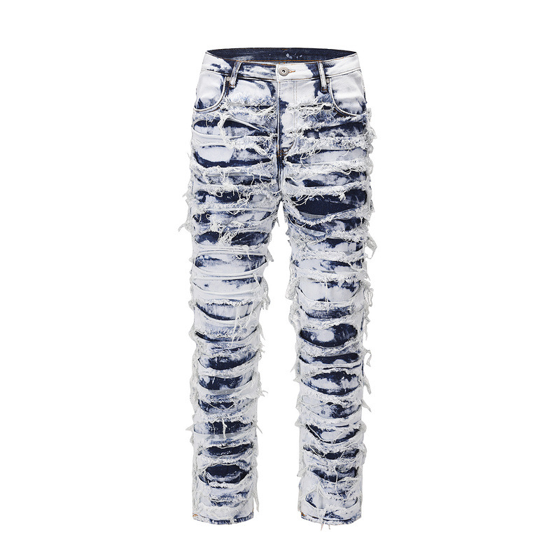 Men's Clothing European And American High Street Fashion Brand Washed Blue Ripped Blue Cow Whiskers Jeans Zipper Distresse...