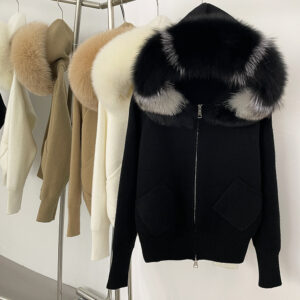 ​Damen-Strickjacke mit abnehmbarer Fuchspelzkapuze – gemütlicher Winterpullover, grober Zopfmuster, Oversize-Passform, läs...