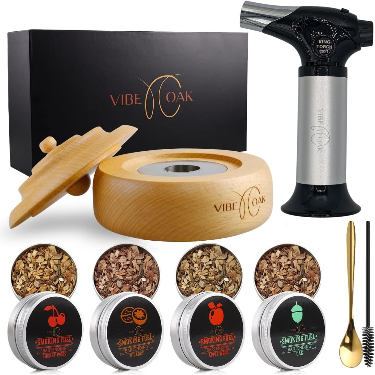 Kit With Torch 4 Flavors Wood Chips Bourbon - Cocktail Smoker Drink Whiskey Gift For A Friend - Easy To Use Drink Smoker O...