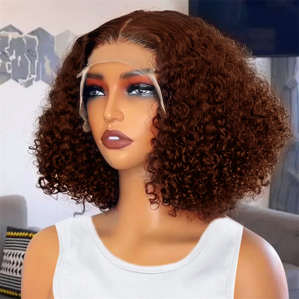 Cheap Brown Short Bob Wig 13x4 100% Human Hair Lace Front Wigs Brown Deep Wave Human Hair Bob Wigs #4 Bob 180% Density For...