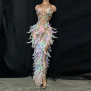Women's Clothing New arrival singer host model colorful feather rhinestone elastic hip long skirt evening dress stage adul...