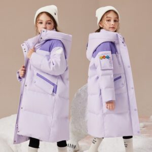 Warm & Stylish Long Hooded Down Jacket For Girls - Soft & Cozy Winter Coat With Cartoon Print (Available In White, Blue, P...