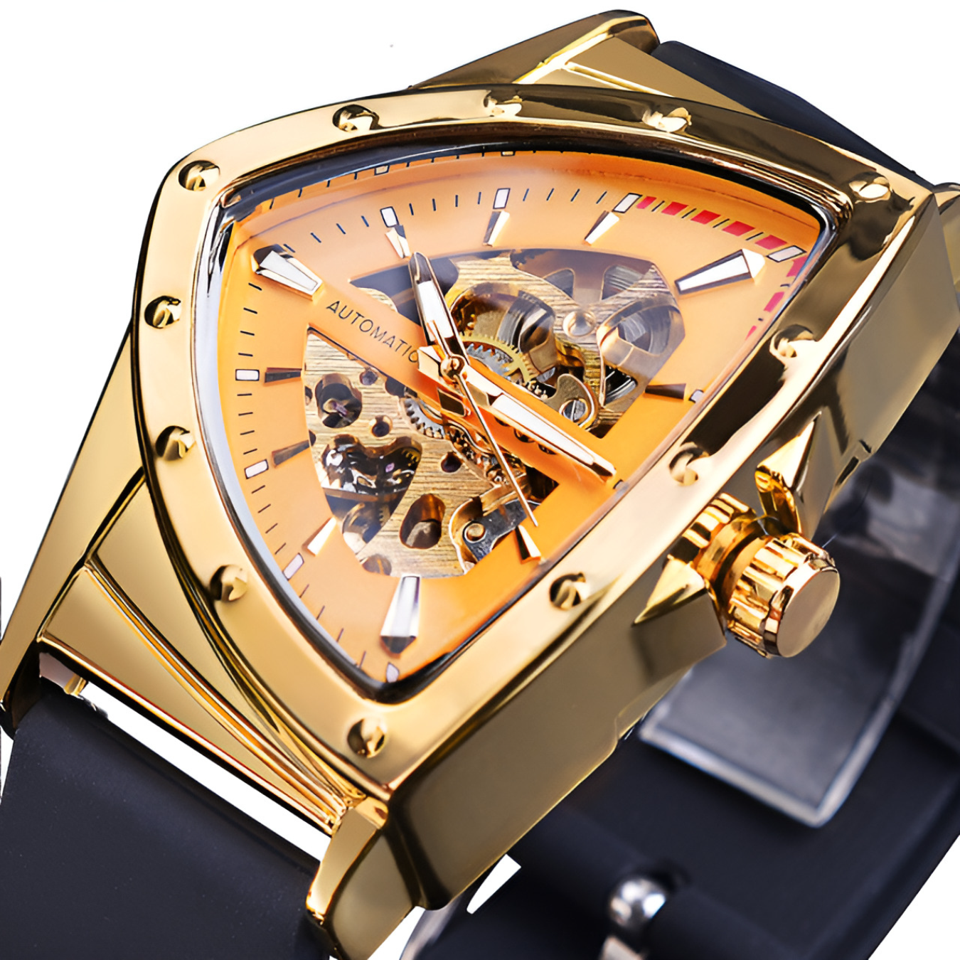 Men's automatic mechanical watch with triangular dial, hollowed out luminous silicone strap, sports watch - Herrenschmuck