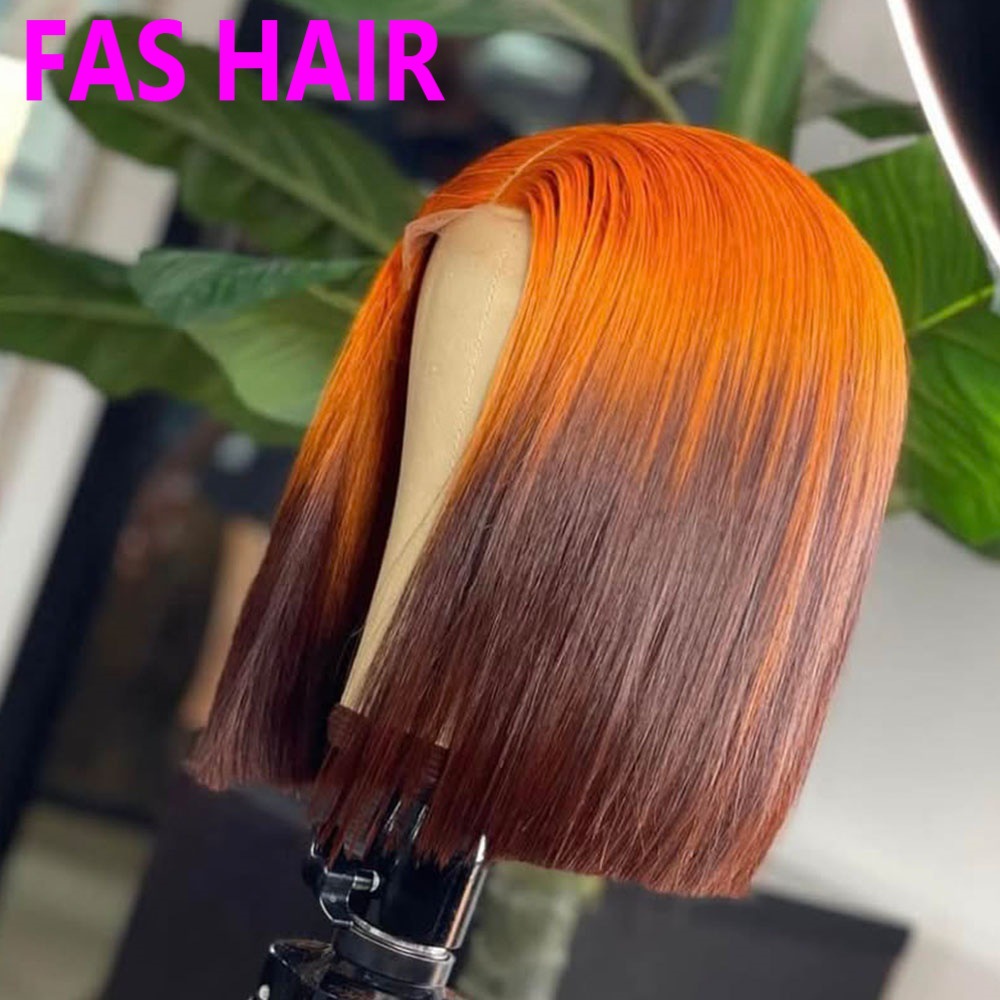 Human Hair Bone Straight BOB Ombre Wig (Orange-Brown) - 100% Brazilian Virgin Remy 13x4 HD Lace Front With Bleached Knots ...