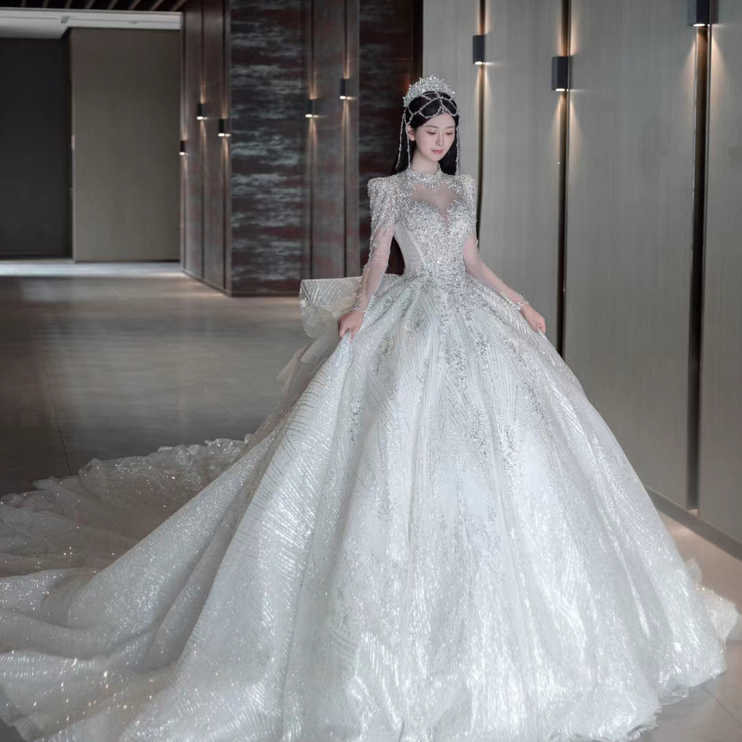 Women's Clothing wedding dress with long train retro palace style starry sky princess dress with mid sleeves simple and sl...