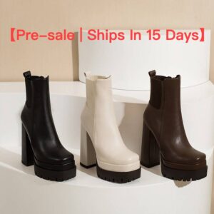 【Pre-sale | Ships In 15 Days】Women's Ankle Boots With Square Head And High Heel With Double Platform Back Elastic Side Zip...