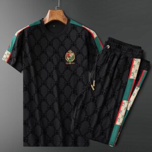 Men's Clothing Station Summer Elastic Jacquard Men's Casual Sports Suit Slim Fit Bee Embroidery Black Two-piece Suit For M...
