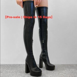 【Pre-sale | Ships In 15 Days】round Head Stone Print Side Zipper High Heels High Platform Long Over-the-knee Skinny Boots -...