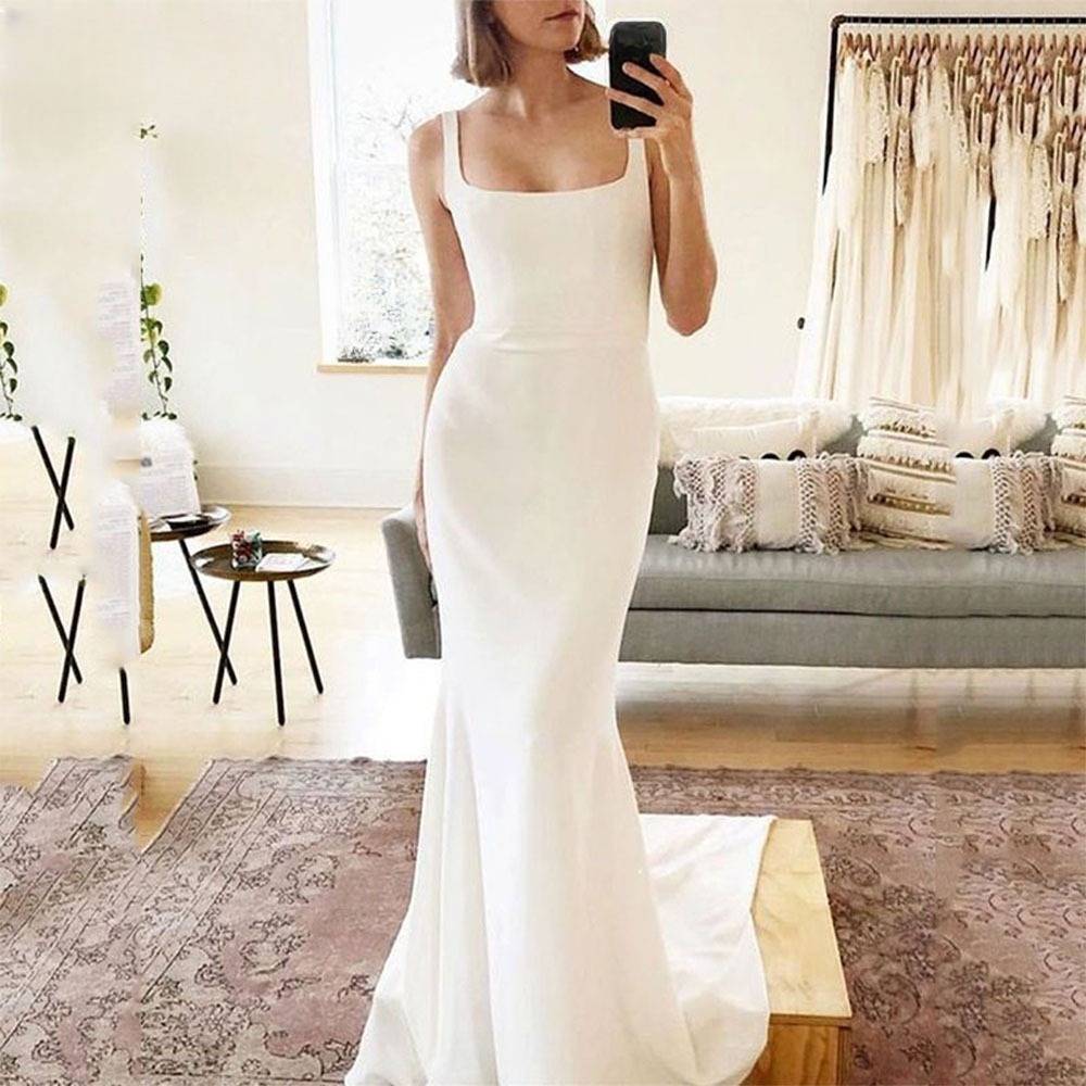 Women's Clothing Light Wedding Dress White Dress Female Italian Square Neck Backless Simple Trailing Bride Dress Soft Sati...