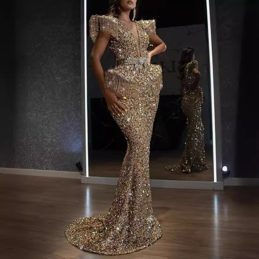 2025 Women's Sexy Sequined Fringed Trailing Banquet Dress Hip Dress Party Evening Celebrity Luxury Dresses Model (No Belt)...
