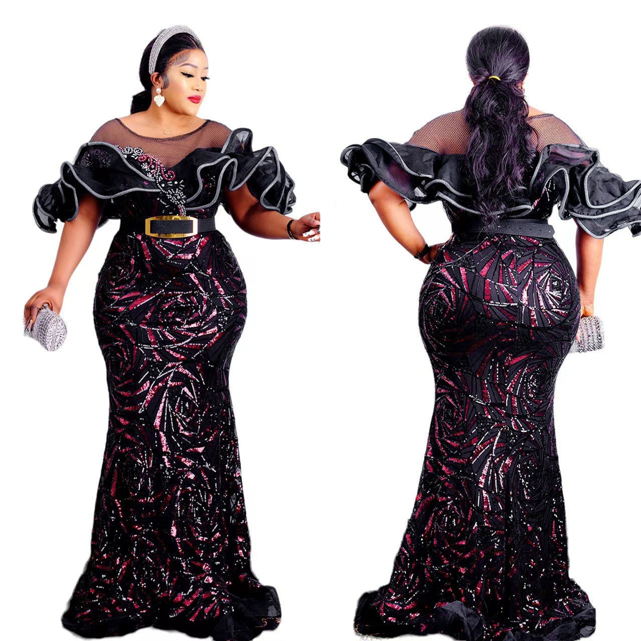 Women's Clothing Rose shaped sequins slim mermaid evening dress long skirt one shoulder lotus leaf luxury women's clothing...