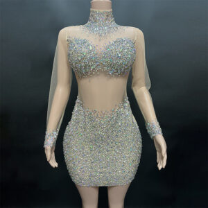 Women’s Clothing Apricot Diamond Sexy See Through Mesh Mid Neck Zippered Slim Short Dress
