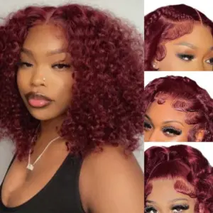 99J Burgundy Color Kinky Curly Human Hair Bob Wig 4x4 Closure Lace Front Short Bob Wig - Haircare Products
