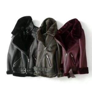 Women's Clothing style winter women's fashion motorcycle version lapel fur one piece thickened warm coat leather jacket fo...