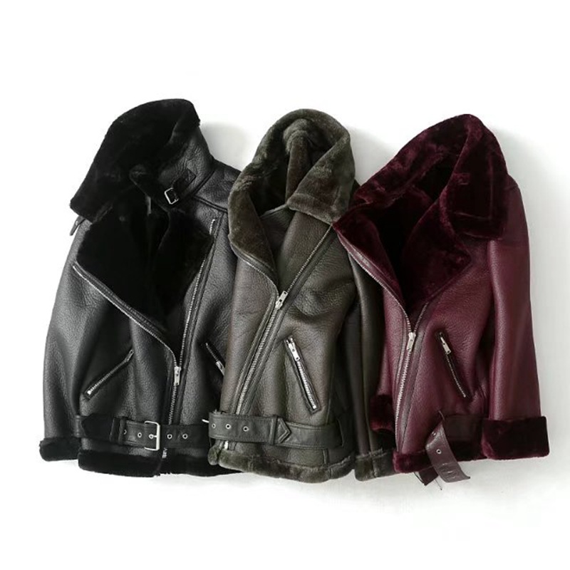 Women's Clothing style winter women's fashion motorcycle version lapel fur one piece thickened warm coat leather jacket fo...